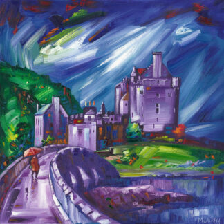 A vibrant painting featuring a castle on a hill under a dynamic, swirling sky, with a figure walking towards it over a bridge. By Raymond Murray